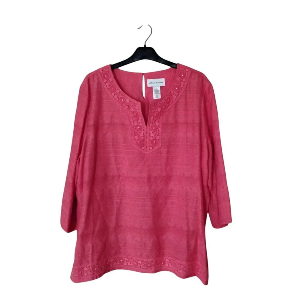 Alfred Dunner Pink Embroidered Beaded Blouse 3/4 Sleeve Keyhole Top Large